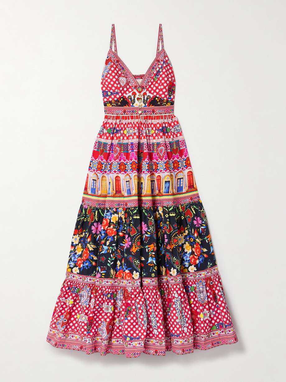 tiered crystal-embellished printed organic cotton-poplin maxi dress