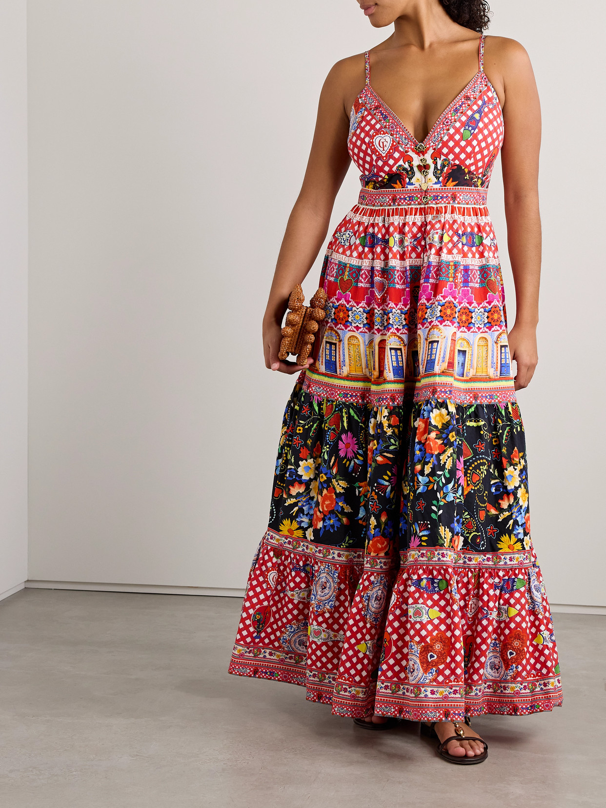 CAMILLA TIERED CRYSTAL-EMBELLISHED PRINTED ORGANIC COTTON-POPLIN MAXI DRESS