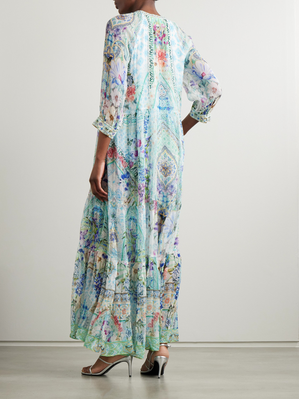 Shop Camilla Embellished Tiered Printed Silk-crepon Maxi Dress In Blue