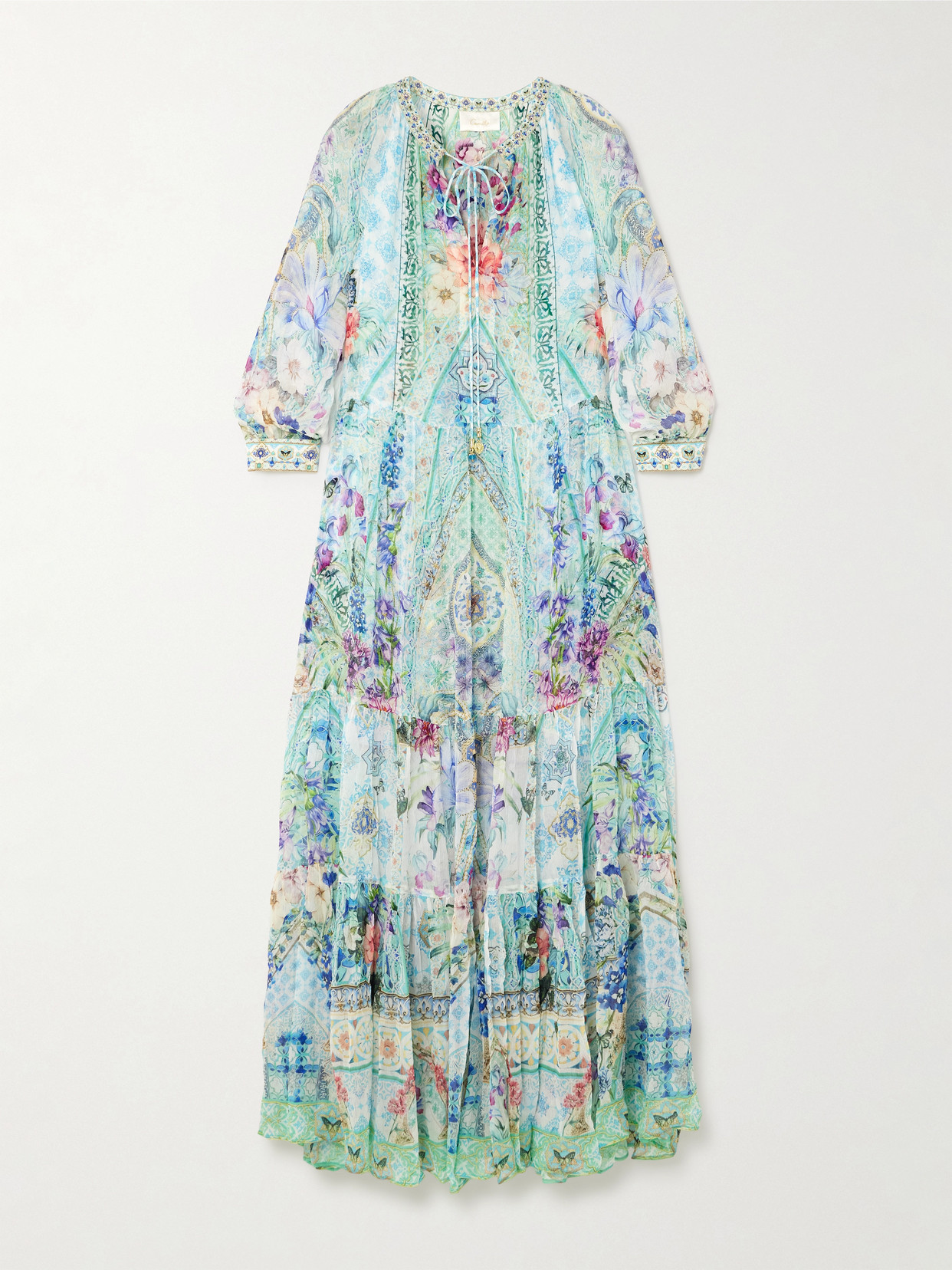 Shop Camilla Embellished Tiered Printed Silk-crepon Maxi Dress In Blue