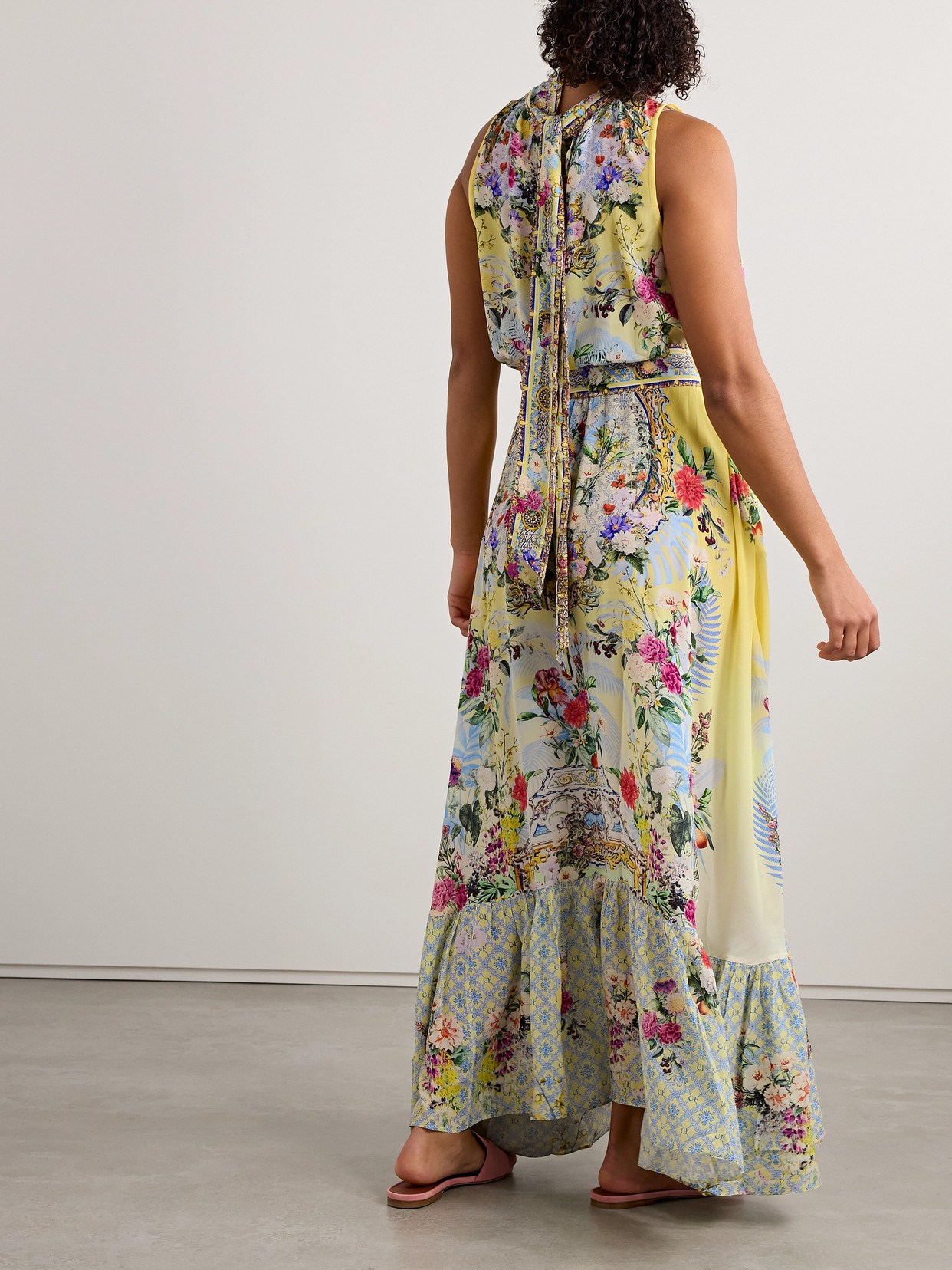 Camilla Belted Tie-neck Crystal-embellished Floral-print Silk-georgette Maxi Dress In Yellow