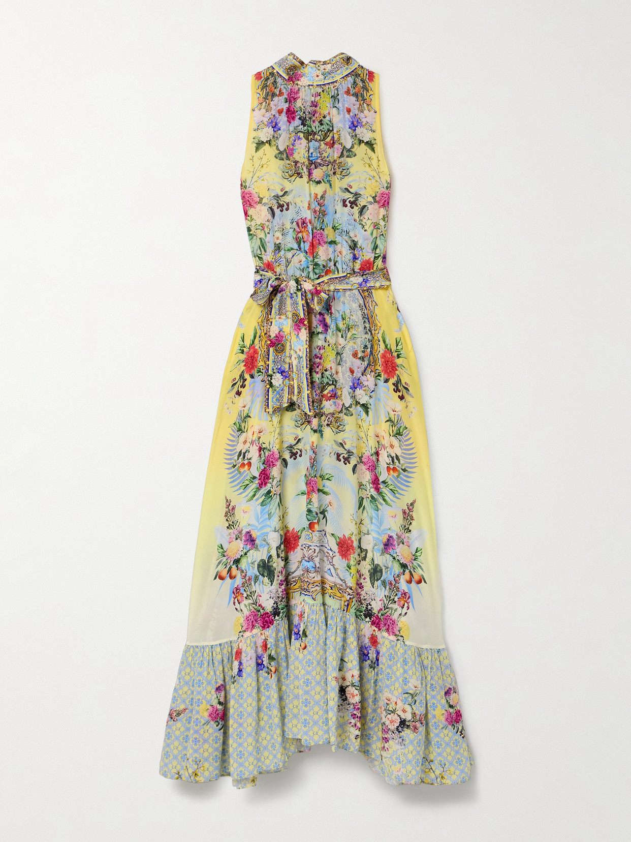 Camilla Belted Tie-neck Crystal-embellished Floral-print Silk-georgette Maxi Dress In Yellow