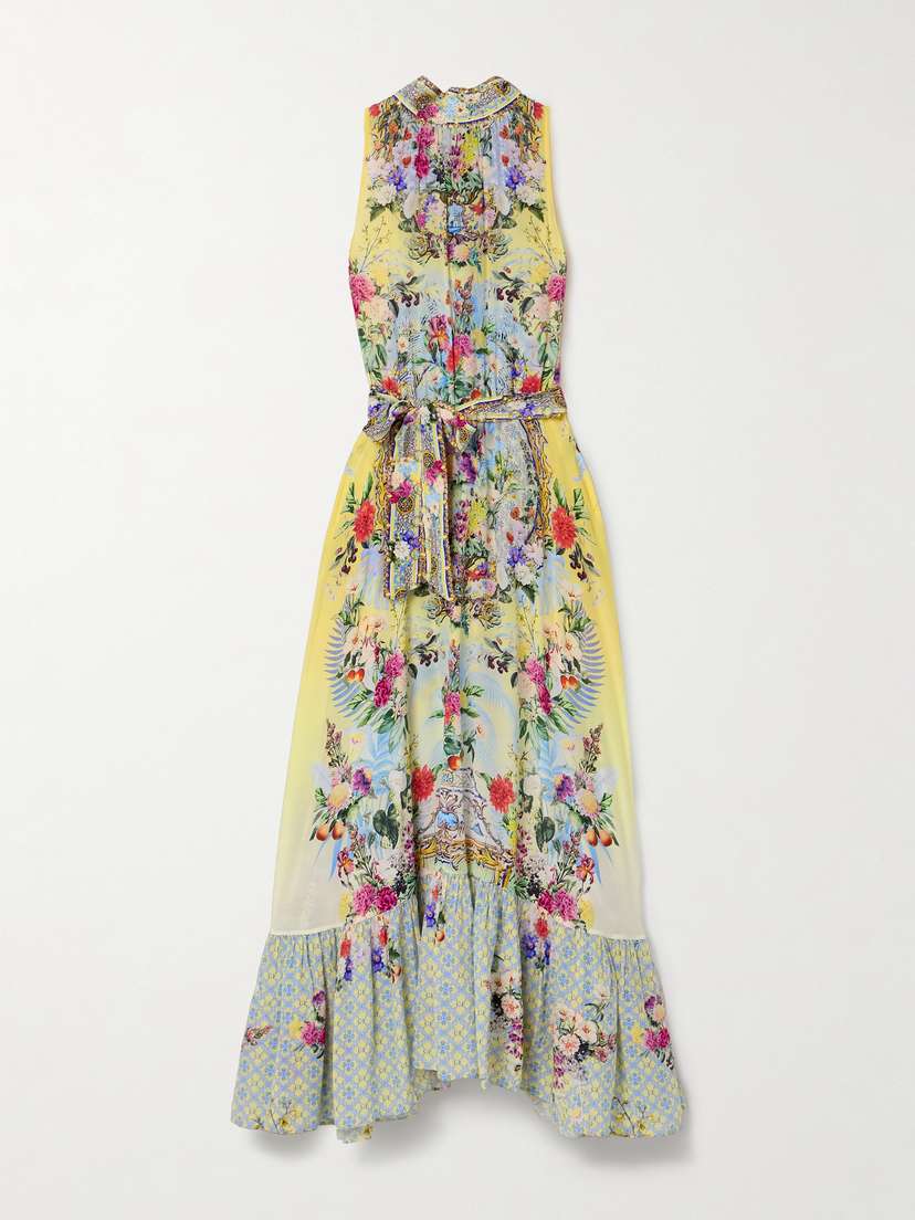 Camilla Belted Tie-neck Crystal-embellished Floral-print Silk-georgette Maxi Dress