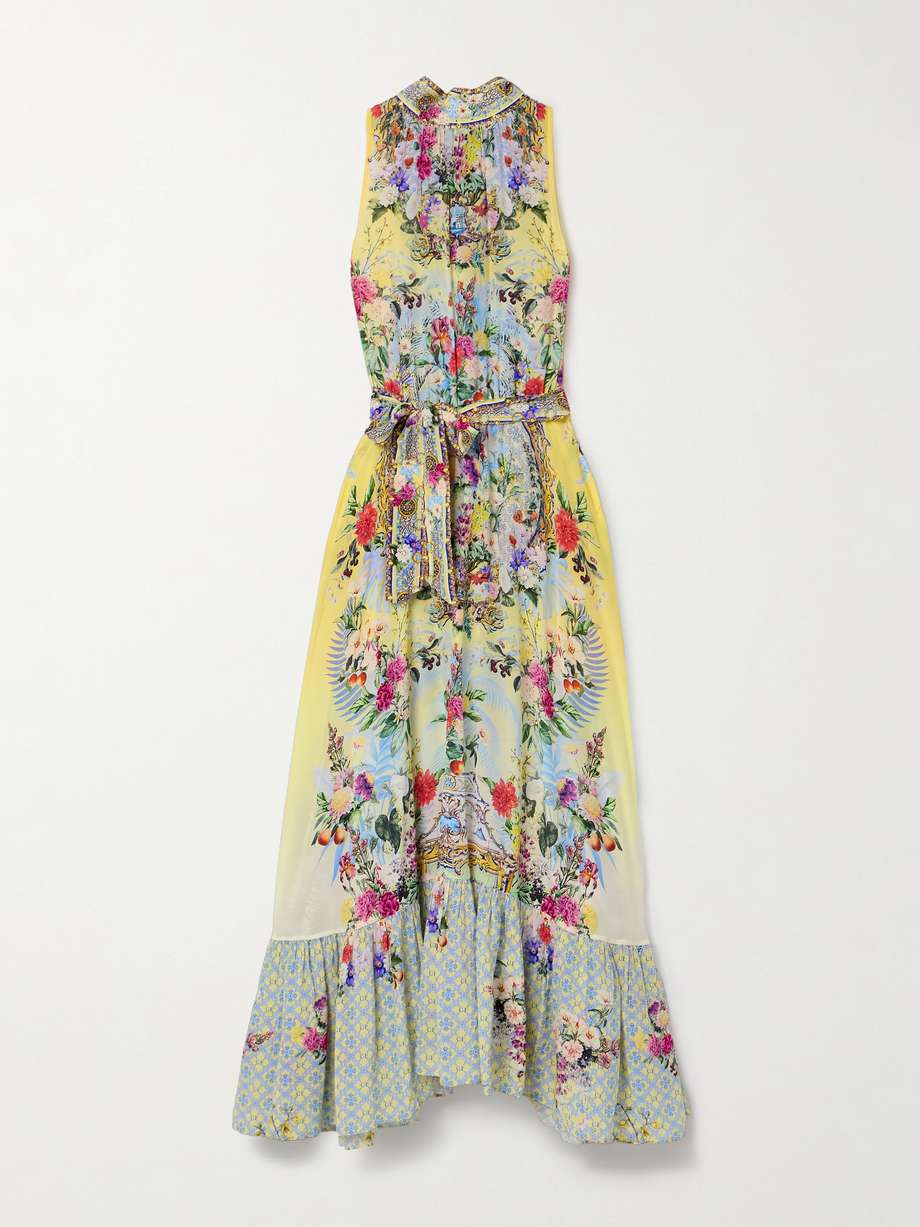belted tie-neck crystal-embellished floral-print silk-georgette maxi dress
