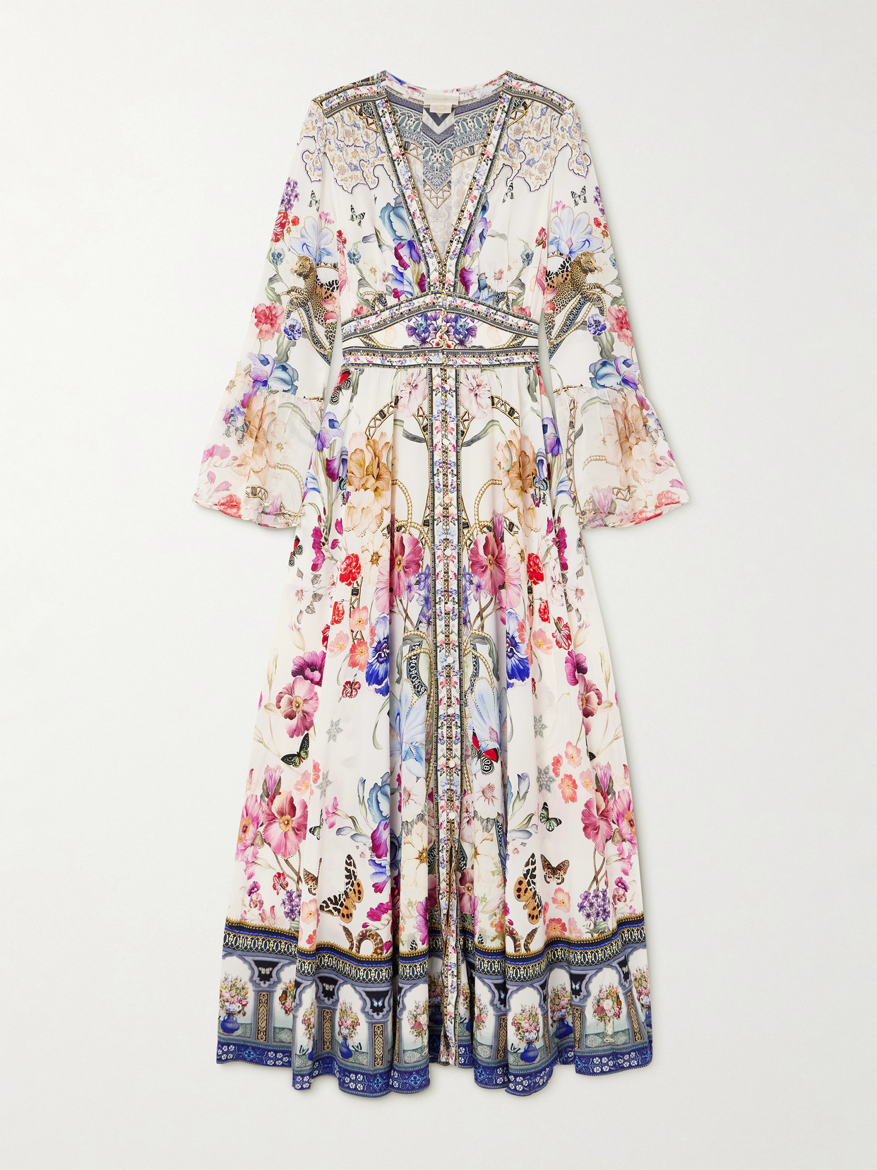 Camilla Crystal-embellished Ruffled Floral-print Silk Maxi Dress In Off-white