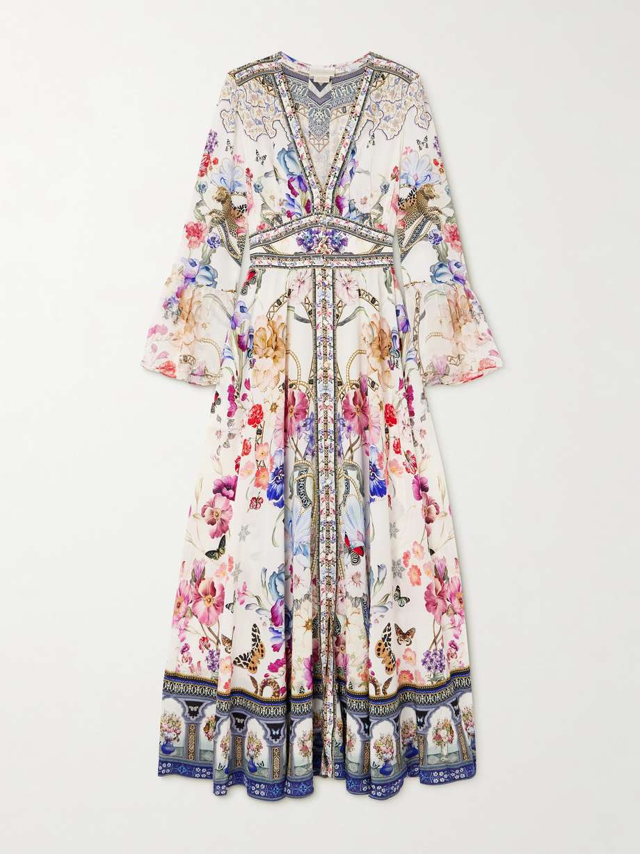 crystal-embellished ruffled floral-print silk maxi dress