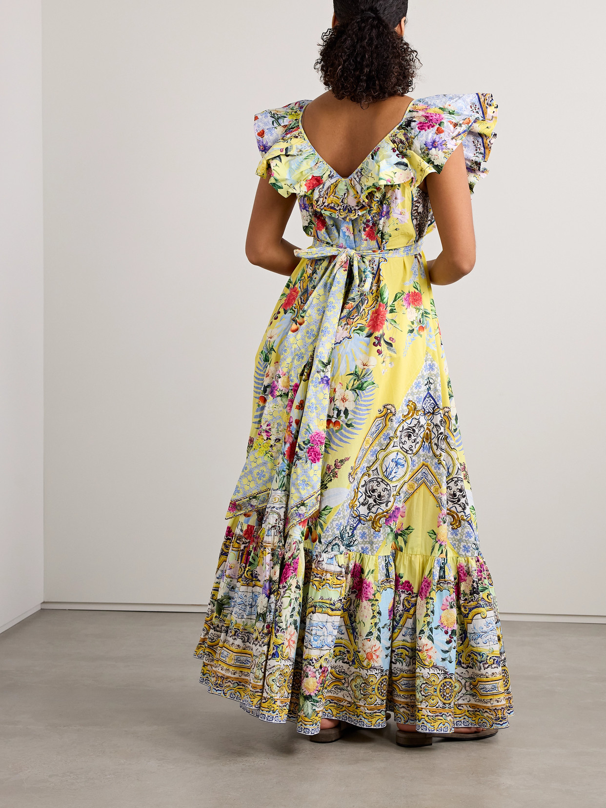Camilla Embellished Belted Ruffled Printed Organic Cotton-poplin Maxi Dress In Yellow