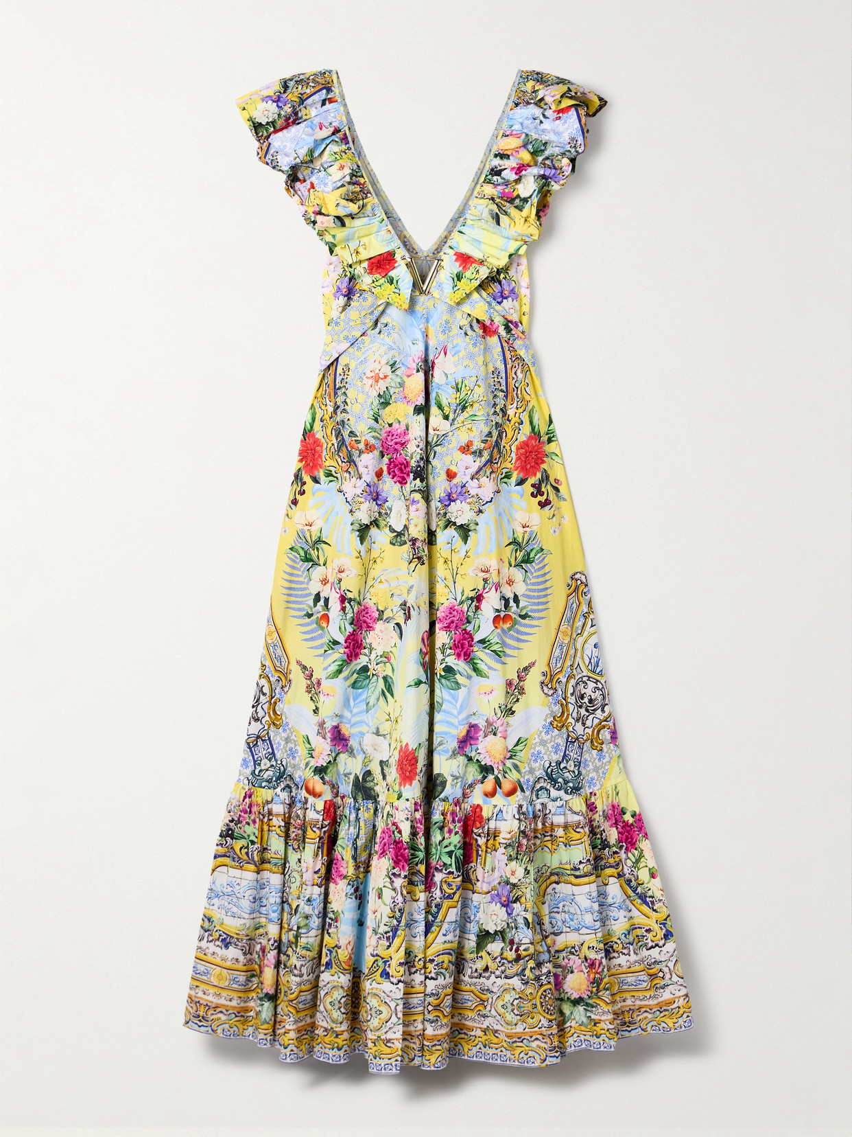 Camilla Embellished Belted Ruffled Printed Organic Cotton-poplin Maxi Dress In Yellow