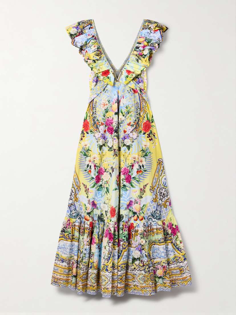 Camilla Embellished Belted Ruffled Printed Organic Cotton-poplin Maxi Dress