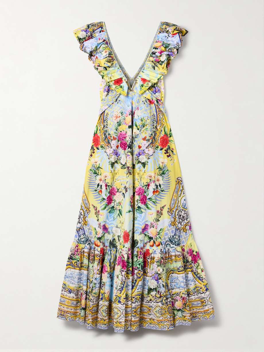embellished belted ruffled printed organic cotton-poplin maxi dress