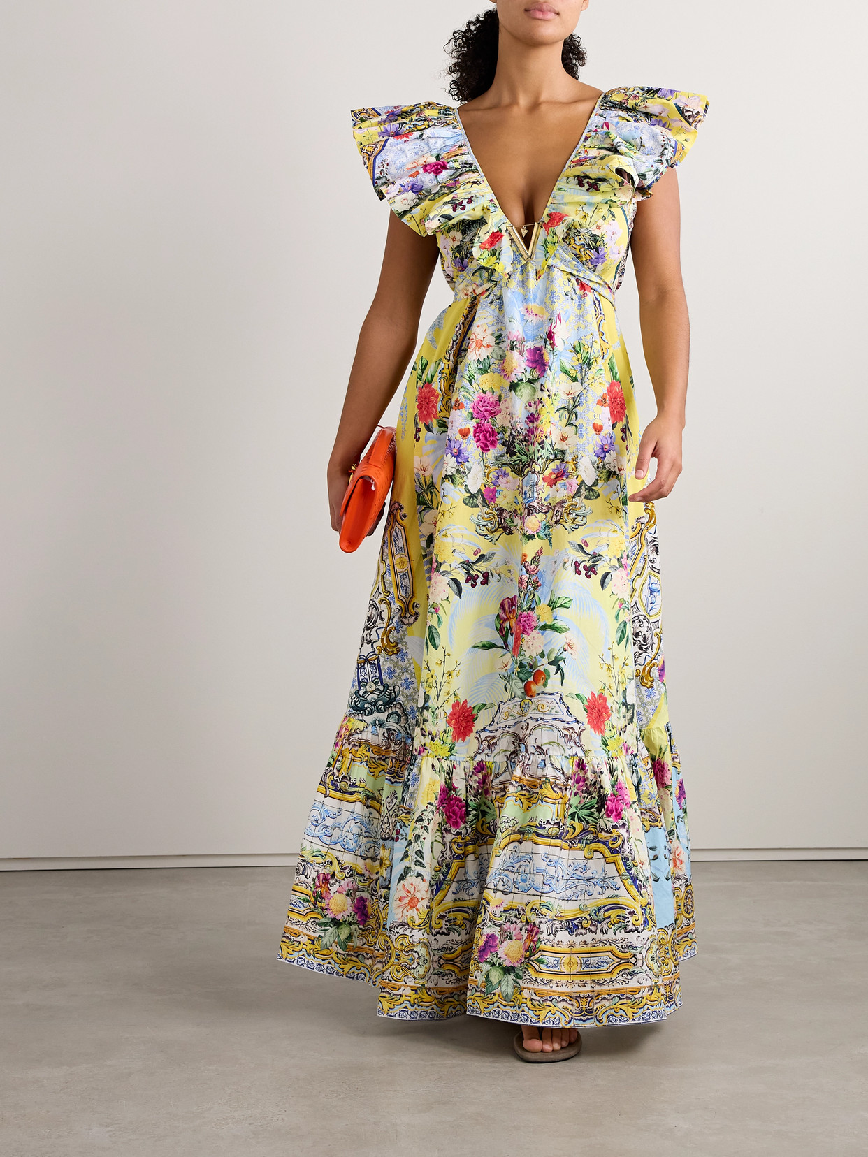Camilla Embellished Belted Ruffled Printed Organic Cotton-poplin Maxi Dress In Yellow
