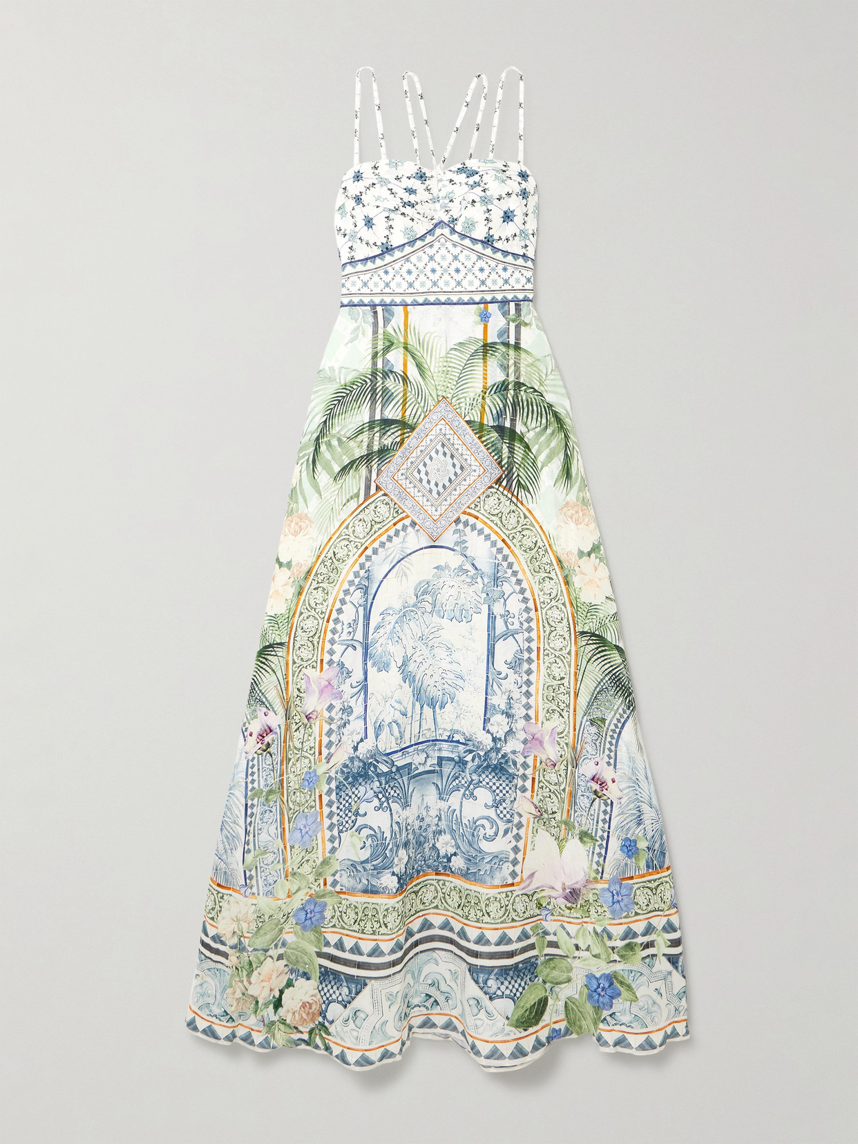 Shop Camilla Jardim Party Crystal-embellished Printed Linen And Silk-blend Maxi Dress In White