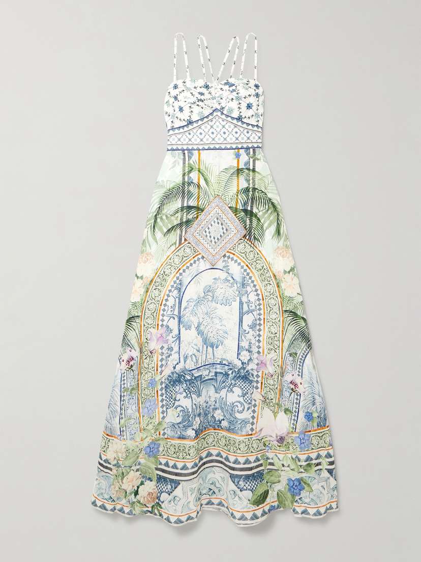 Camilla Jardim Party Crystal-embellished Printed Linen And Silk-blend Maxi Dress