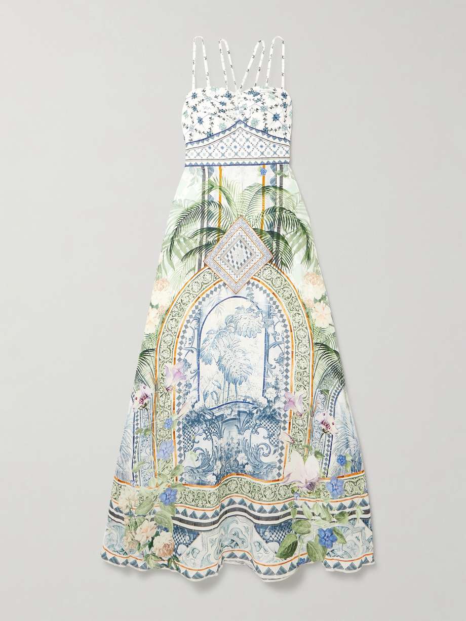 jardim party crystal-embellished printed linen and silk-blend maxi dress
