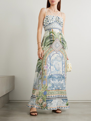 Camilla Jardim Party crystal-embellished printed linen and silk-blend maxi dress