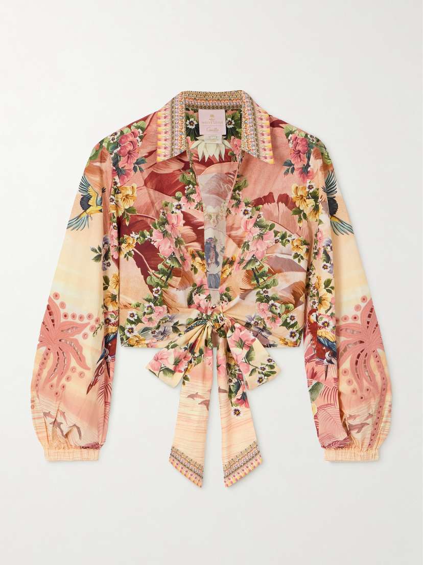 Camilla + The White Lotus Cropped Printed Crystal-embellished Organic Cotton-poplin Wrap Shirt