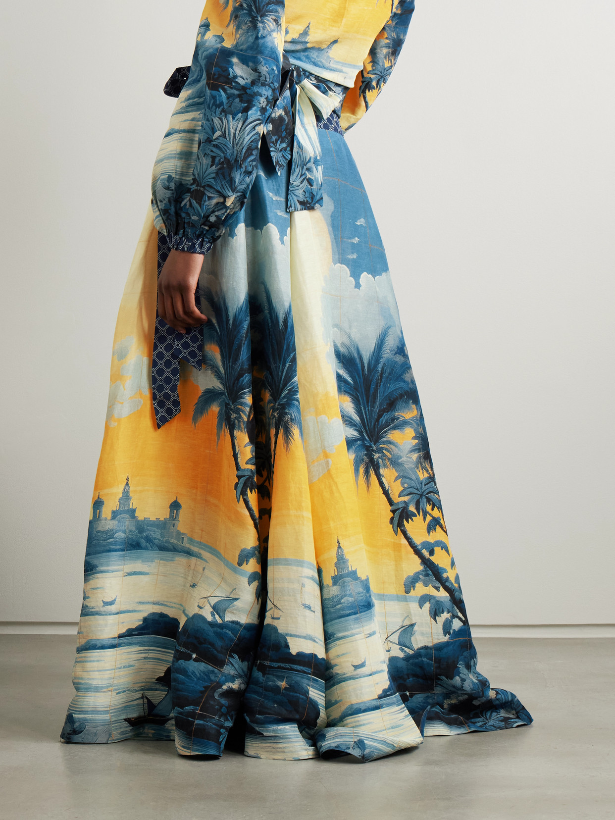 Camilla Embellished Printed Linen And Silk-blend Maxi Wrap Skirt In Blue