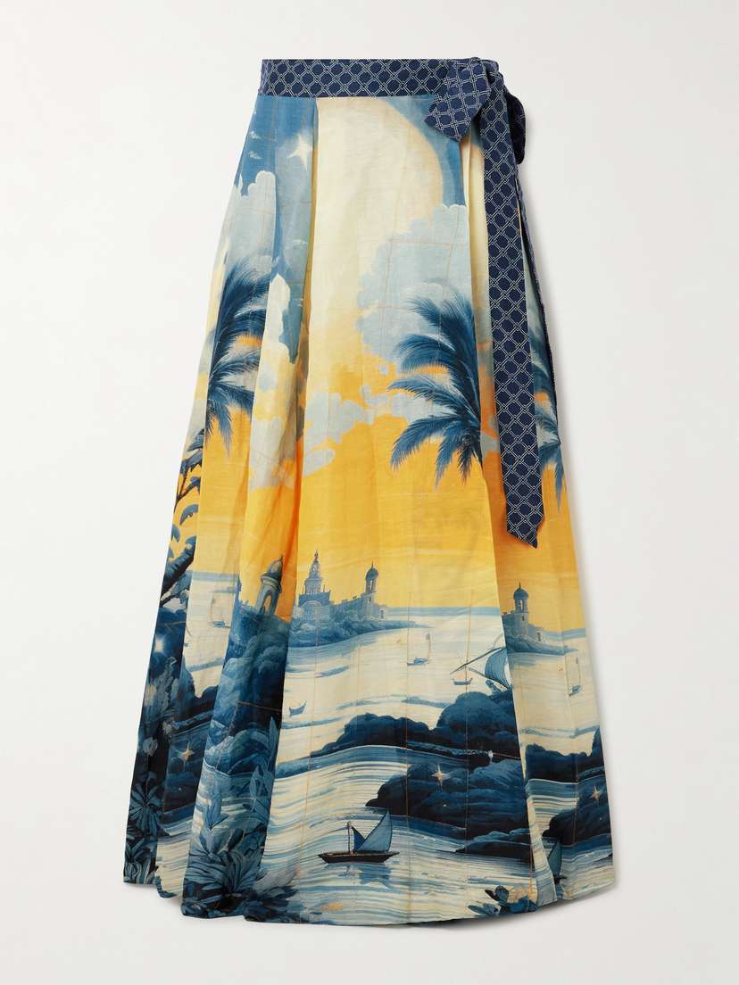 Camilla Embellished Printed Linen And Silk-blend Maxi Wrap Skirt
