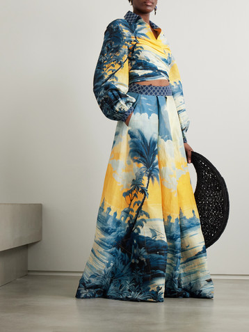 Camilla Embellished printed linen and silk-blend maxi wrap skirt