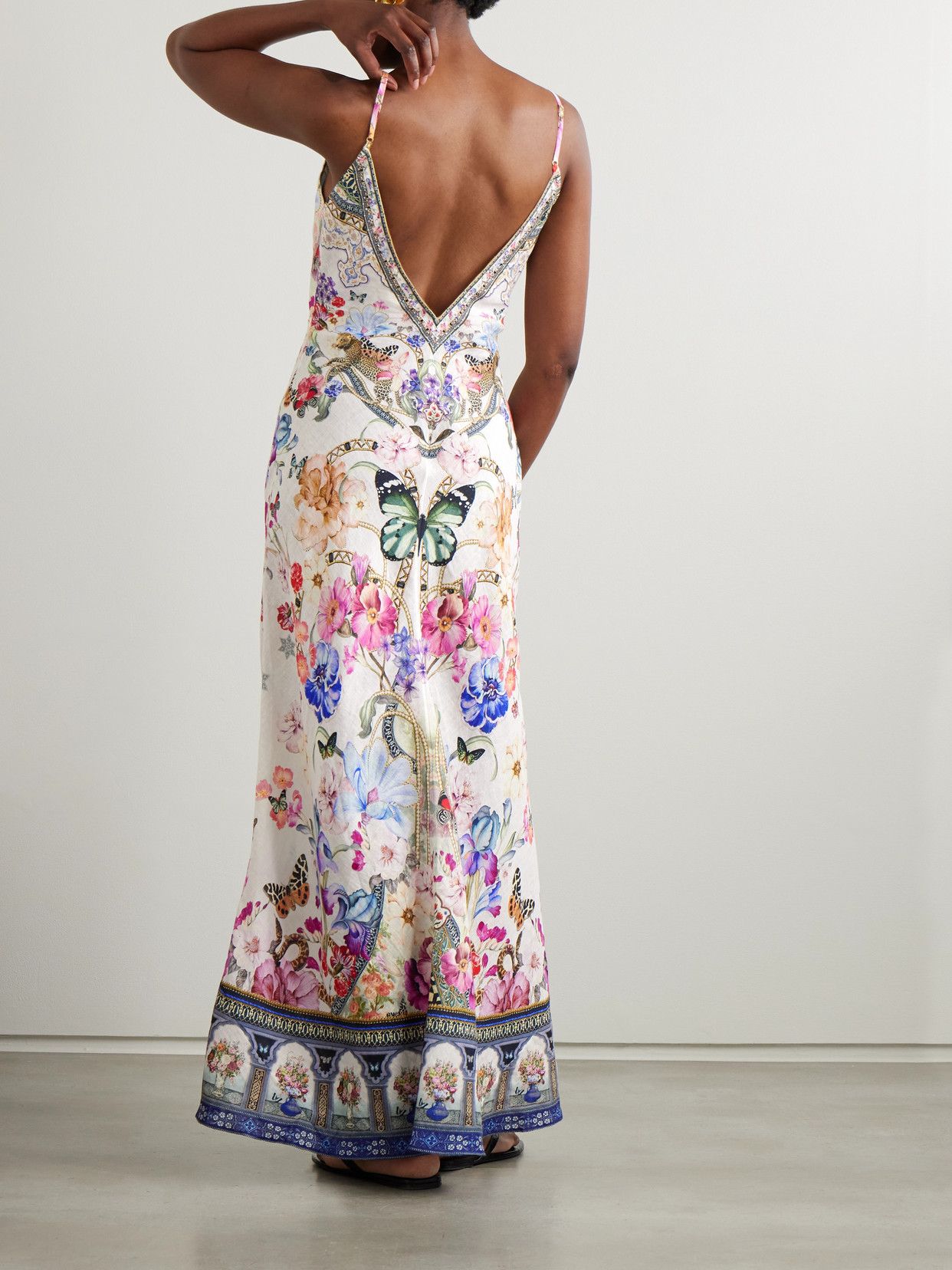 Shop Camilla Monserate Magic Crystal-embellished Floral-print Linen Maxi Dress In White