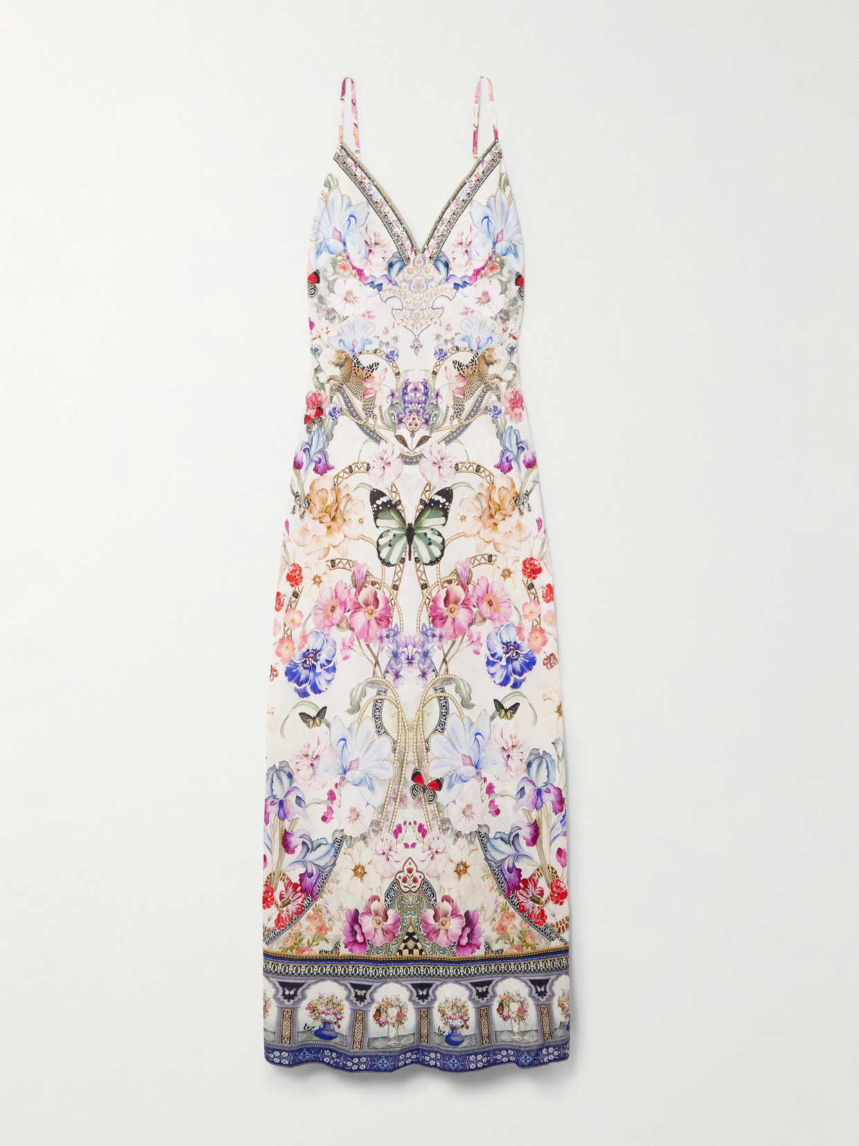 Shop Camilla Monserate Magic Crystal-embellished Floral-print Linen Maxi Dress In White