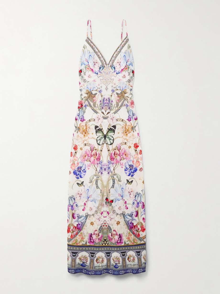monserate magic crystal-embellished floral-print linen maxi dress