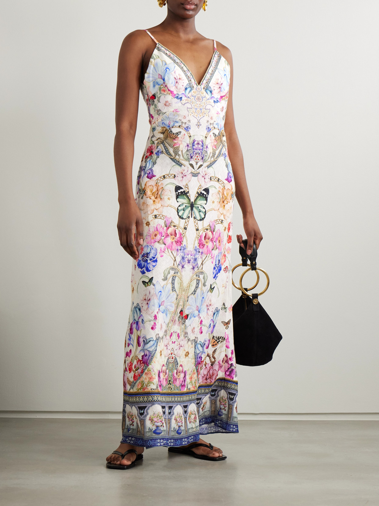 Shop Camilla Monserate Magic Crystal-embellished Floral-print Linen Maxi Dress In White
