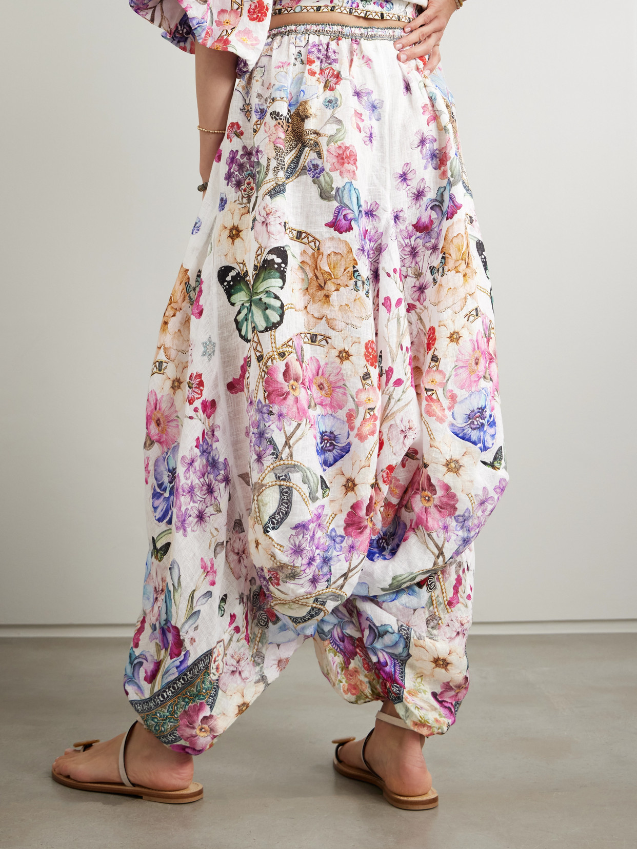 Camilla Monserrate Magic Embellished Printed Linen Tapered Pants In White