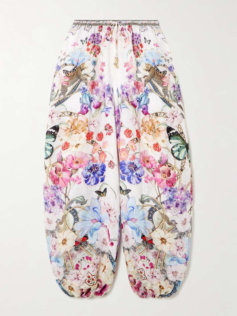 Camilla Monserrate Magic Embellished Printed Linen Tapered Pants
