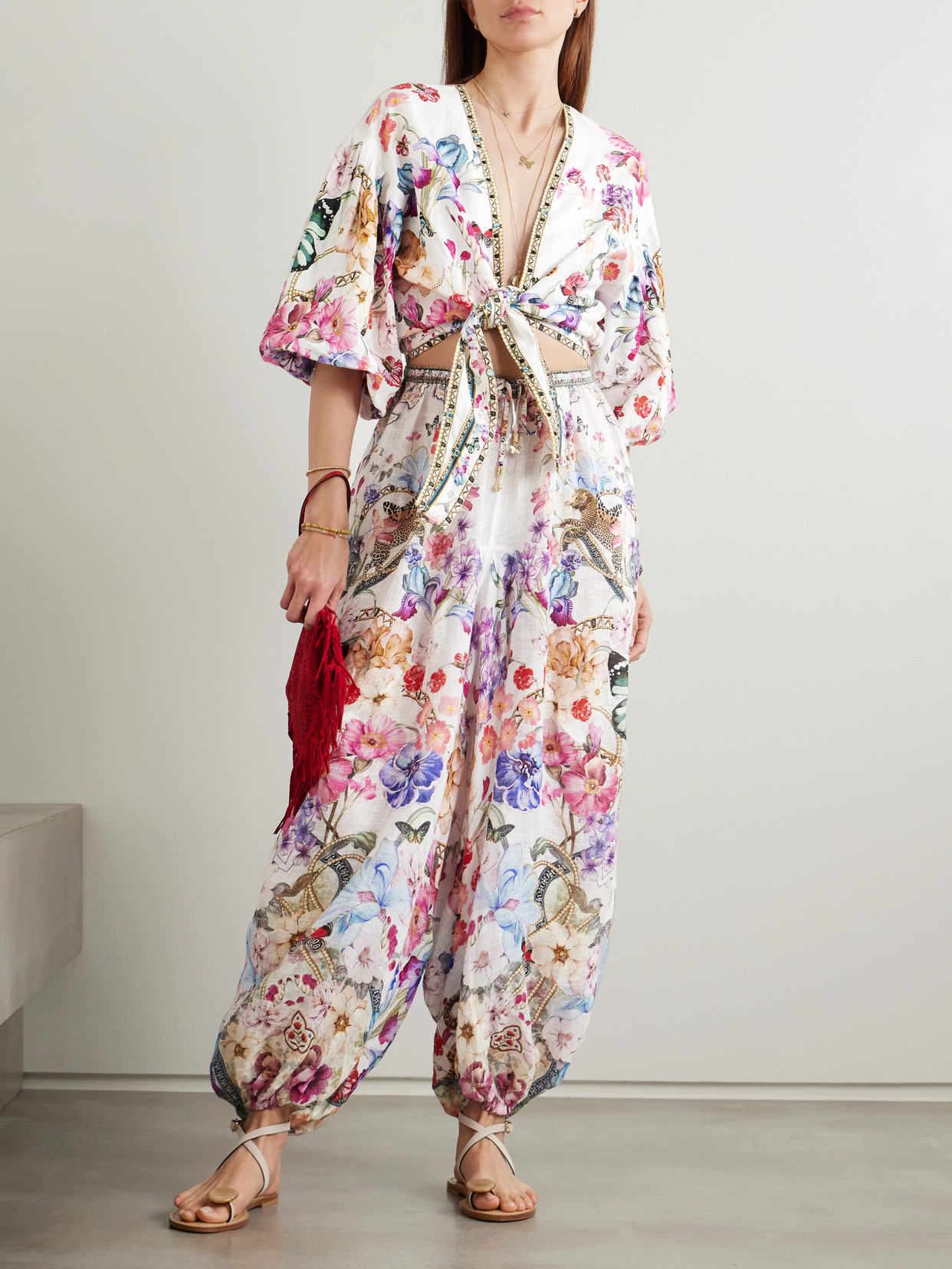 Camilla Monserrate Magic Embellished Printed Linen Tapered Pants In White