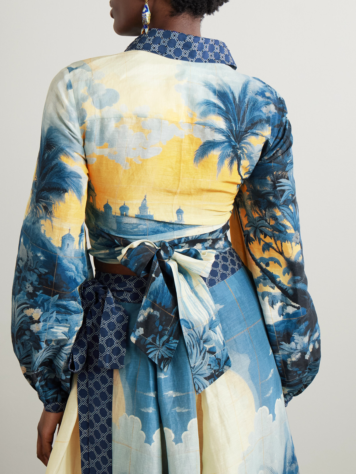 Camilla Cropped Embellished Printed Linen And Silk-blend Wrap Shirt In Blue
