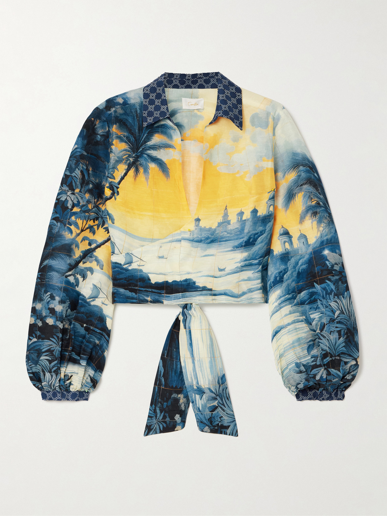 Camilla Cropped Embellished Printed Linen And Silk-blend Wrap Shirt In Blue