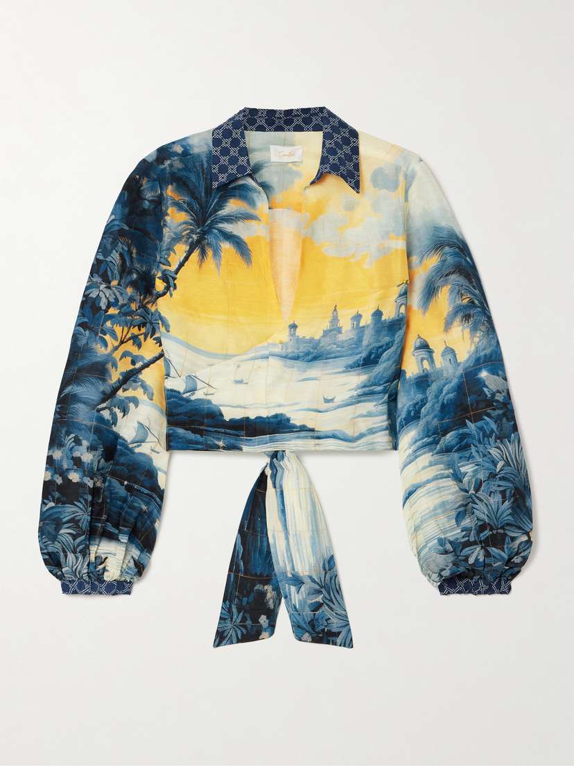 Camilla Cropped Embellished Printed Linen And Silk-blend Wrap Shirt
