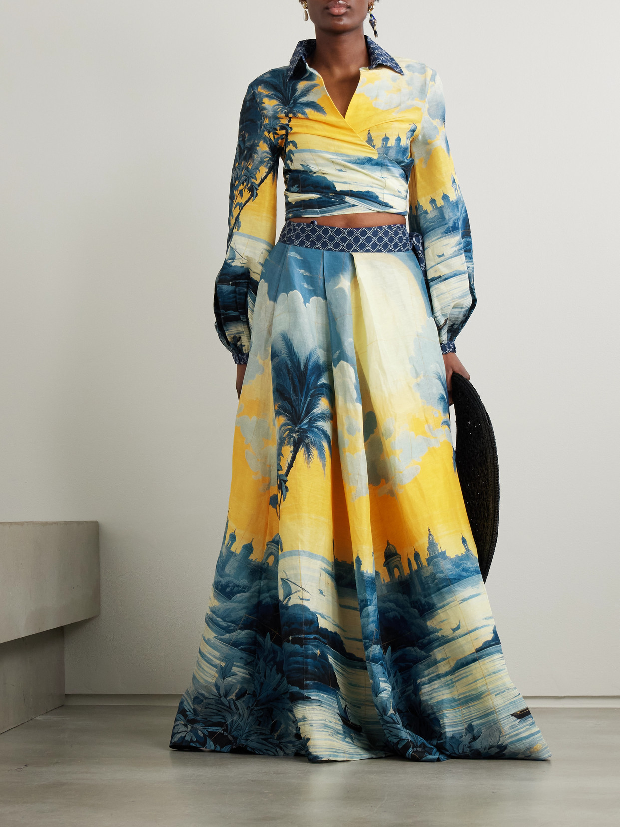 Camilla Cropped Embellished Printed Linen And Silk-blend Wrap Shirt In Blue