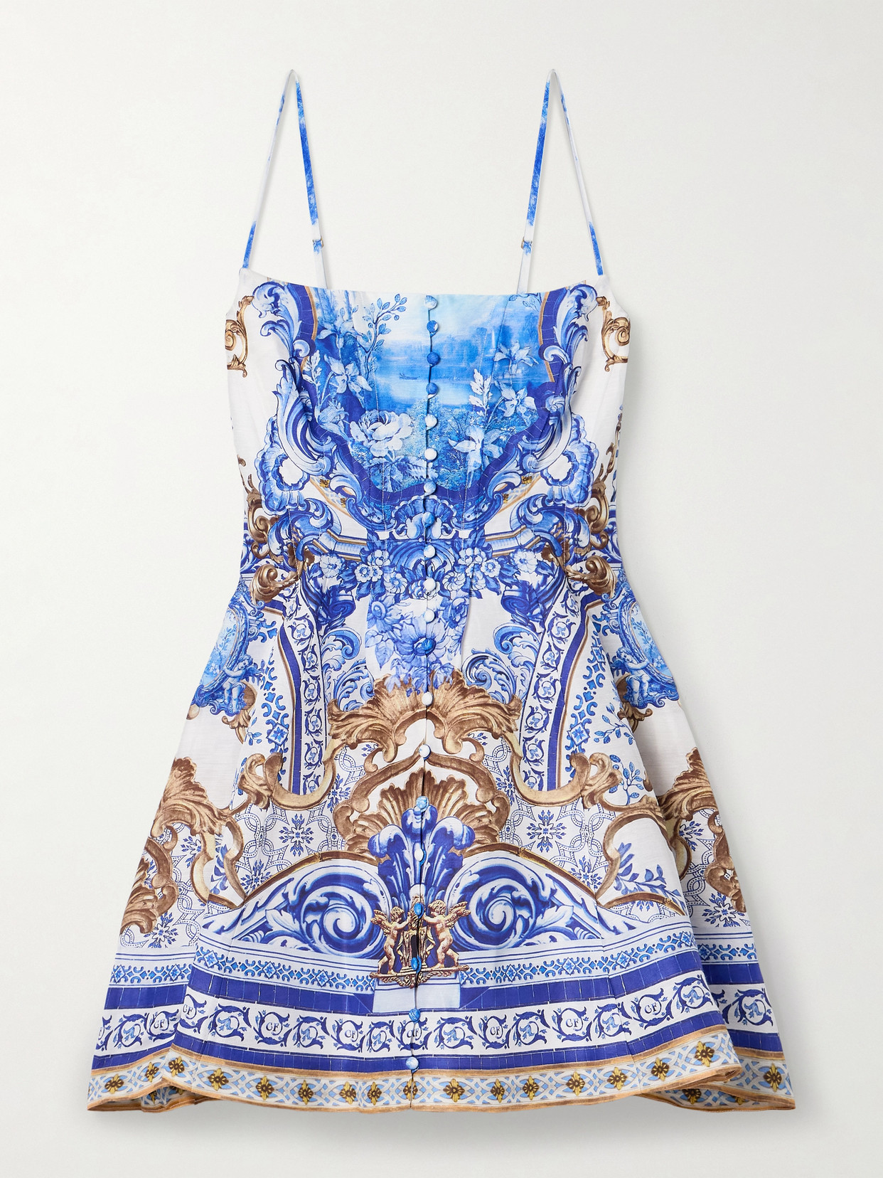 Shop Camilla Pleated Printed Linen And Silk-blend Mini Dress In Blue