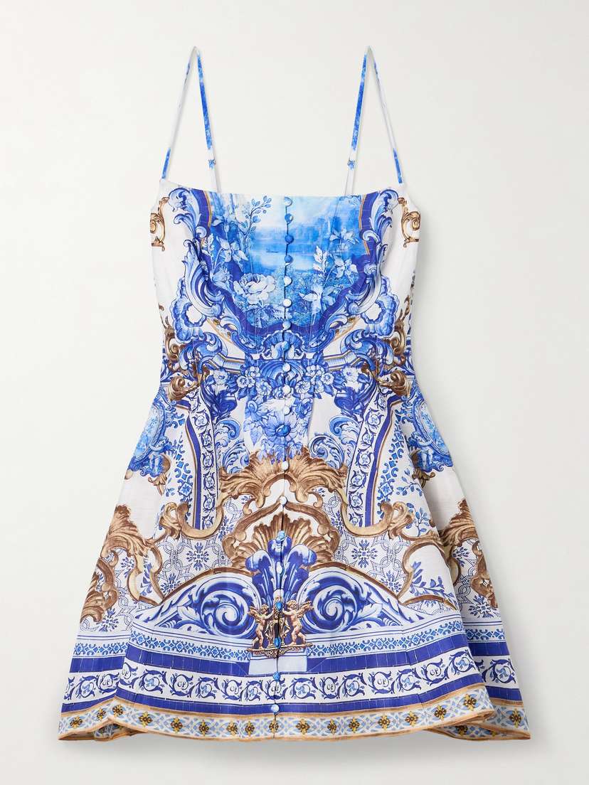 Camilla Pleated Printed Linen And Silk-blend Mini Dress
