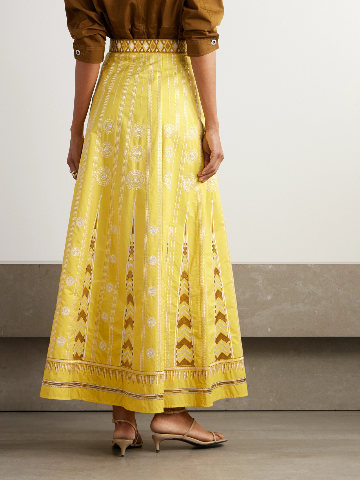 Emporio Sirenuse Camille Embroidered Linen And Cotton-blend Maxi Skirt In Yellow