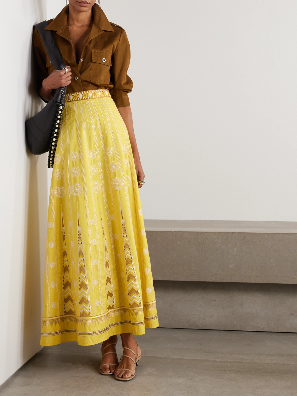 Emporio Sirenuse Camille Embroidered Linen And Cotton-blend Maxi Skirt In Yellow