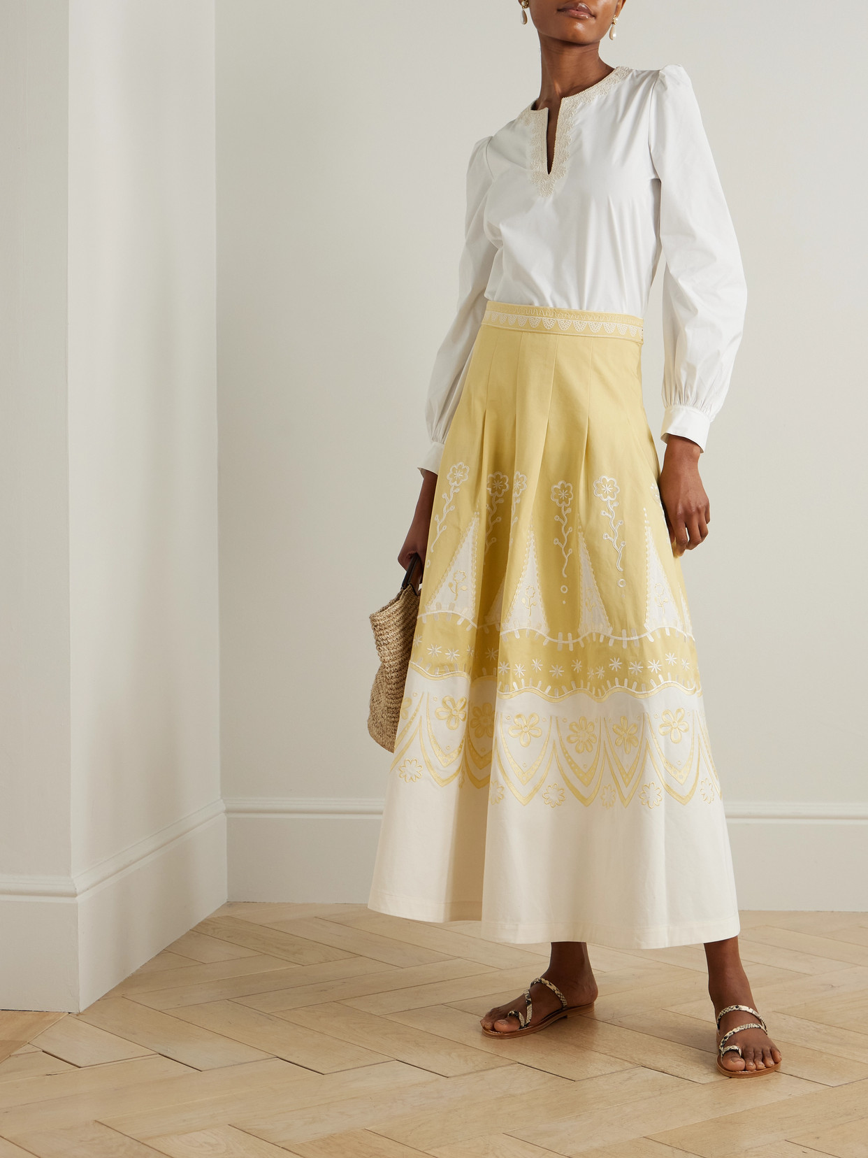 Emporio Sirenuse Amelianna Embroidered Cotton Maxi Skirt In Yellow