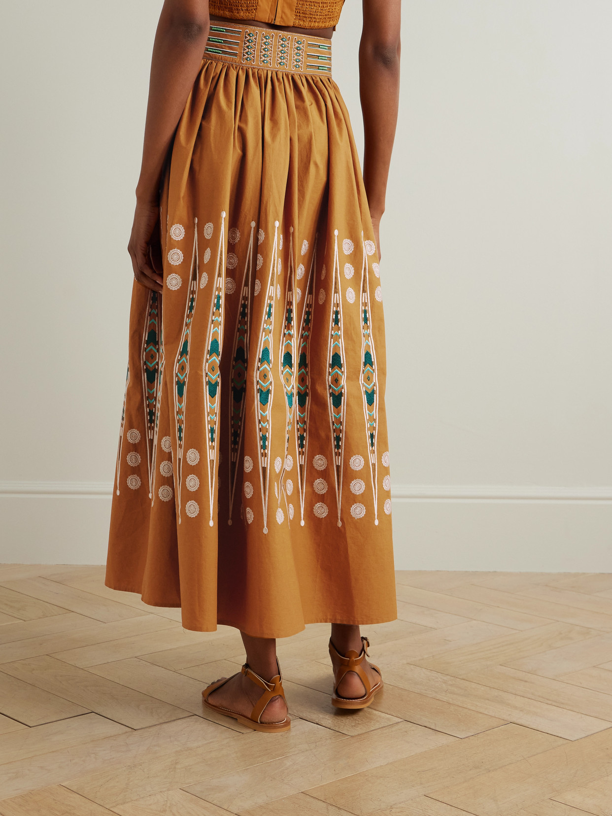 Emporio Sirenuse Ombretta Embroidered Gathered Cotton Maxi Skirt In Orange