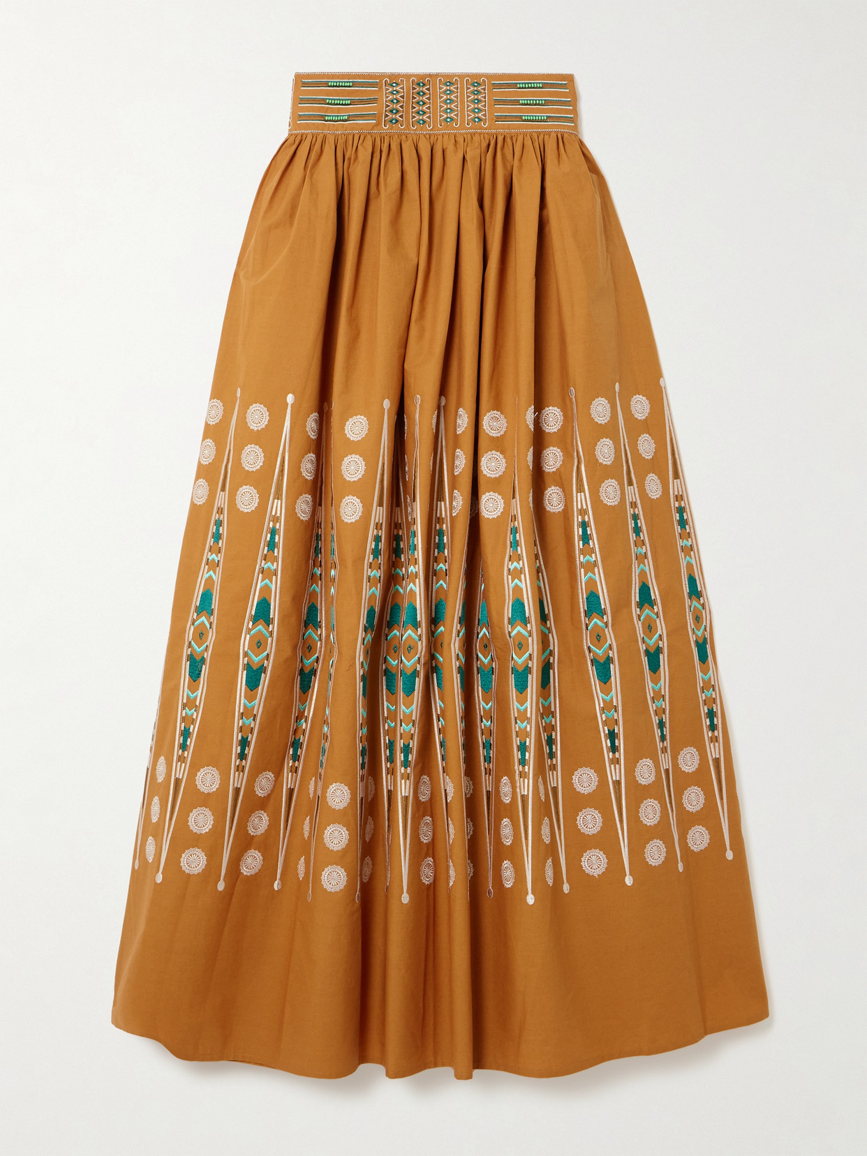 Emporio Sirenuse Ombretta Embroidered Gathered Cotton Maxi Skirt In Orange