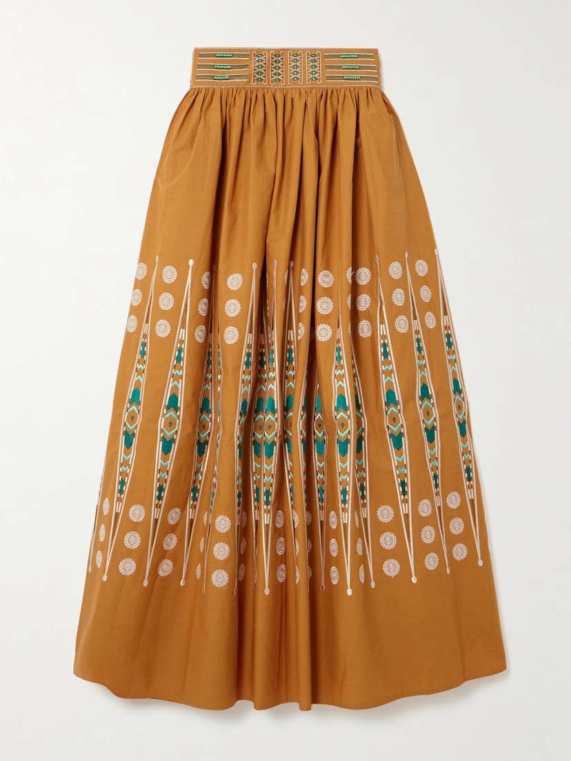 Emporio Sirenuse Ombretta Embroidered Gathered Cotton Maxi Skirt