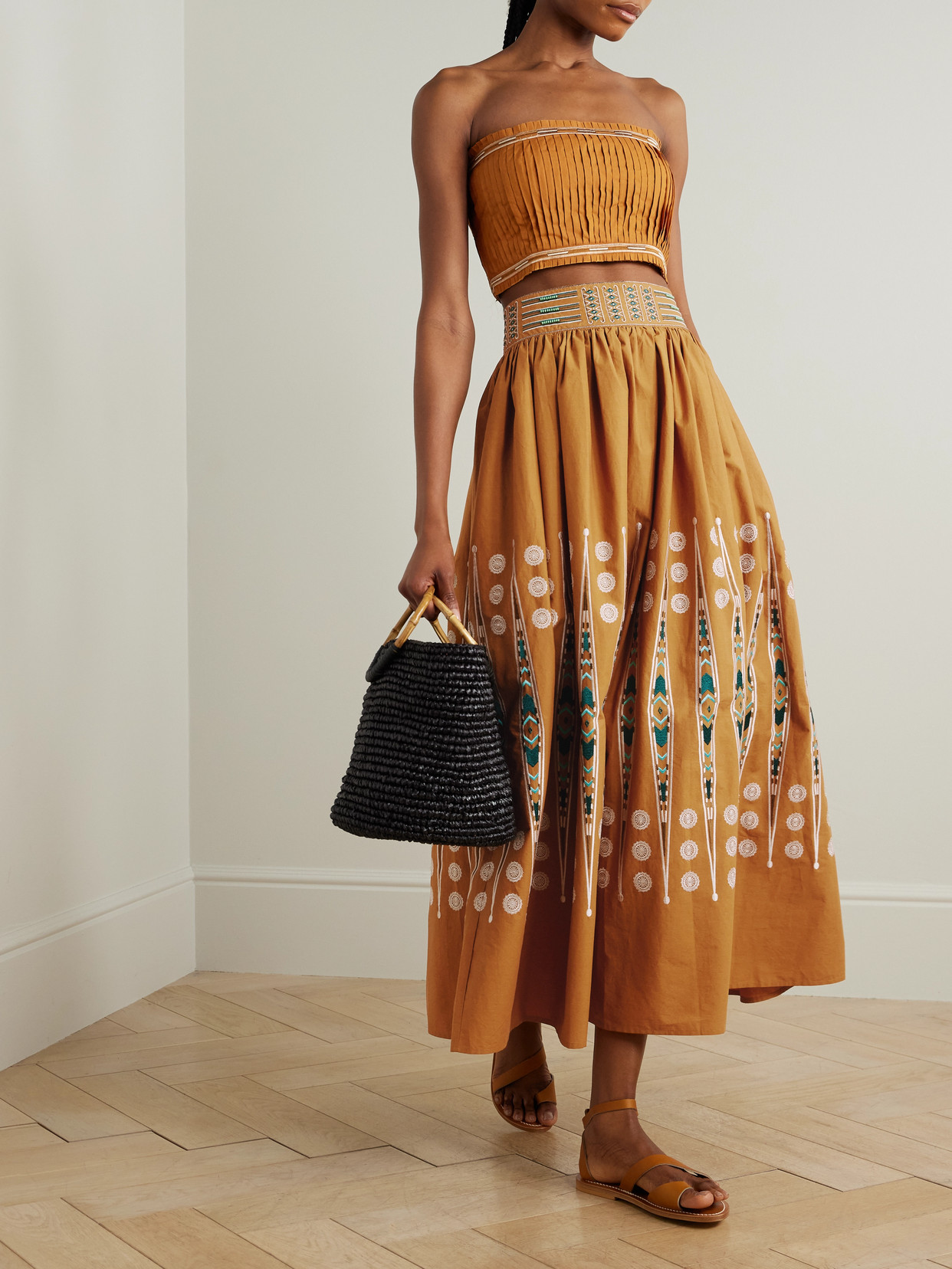 Emporio Sirenuse Ombretta Embroidered Gathered Cotton Maxi Skirt In Orange
