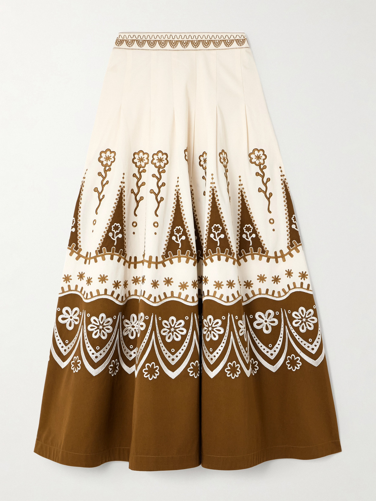Emporio Sirenuse Amelianna Embroidered Cotton-blend Drill Maxi Skirt In Brown