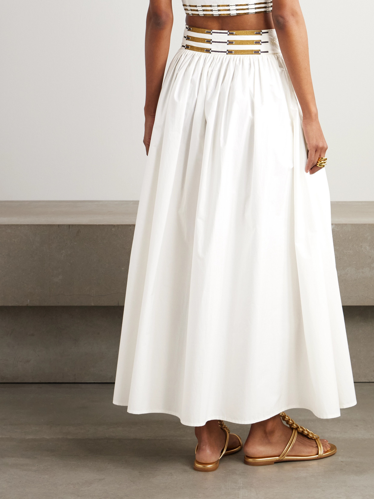 Emporio Sirenuse Ombretta Gathered Embroidered Cotton-blend Poplin Maxi Skirt In Ivory