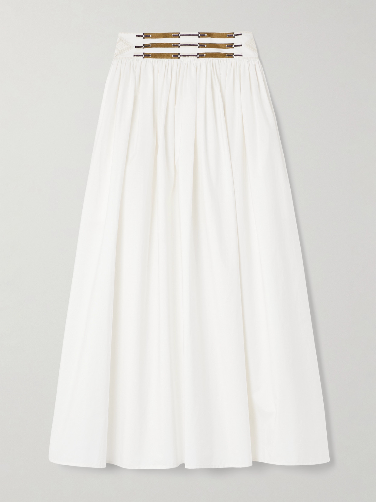 Emporio Sirenuse Ombretta Gathered Embroidered Cotton-blend Poplin Maxi Skirt In Ivory