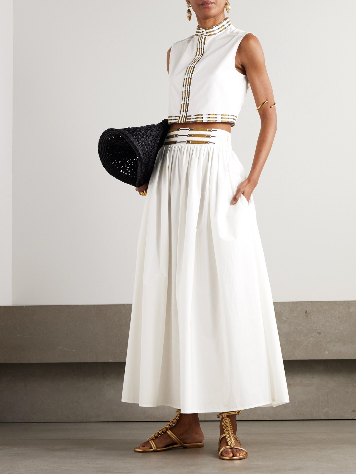 Emporio Sirenuse Ombretta Gathered Embroidered Cotton-blend Poplin Maxi Skirt In Ivory