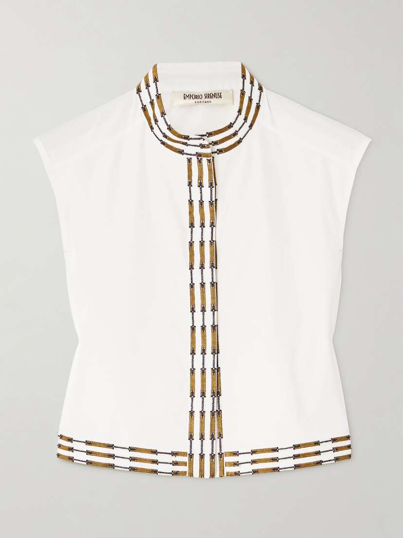Emporio Sirenuse Andorra Cropped Embroidered Cotton-blend Poplin Top