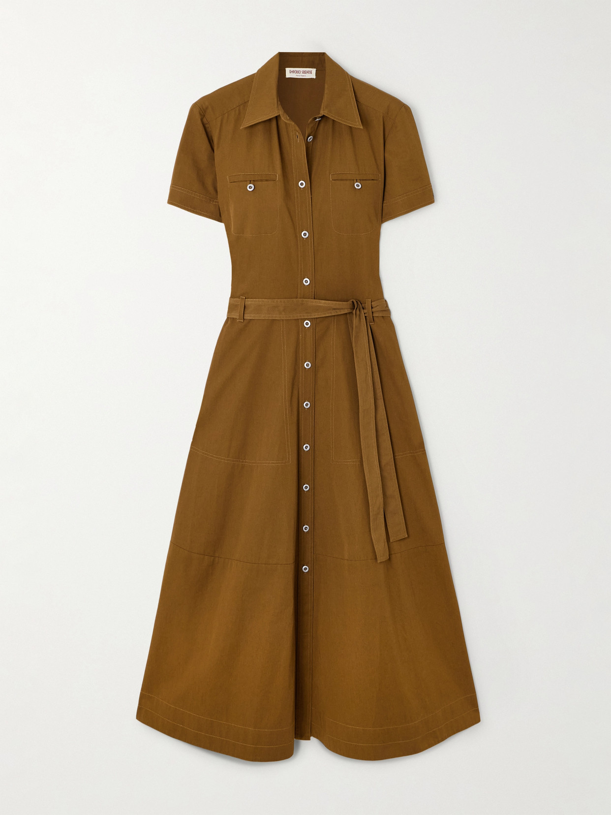 Emporio Sirenuse Giselle Belted Cotton-drill Midi Shirt Dress In Brown