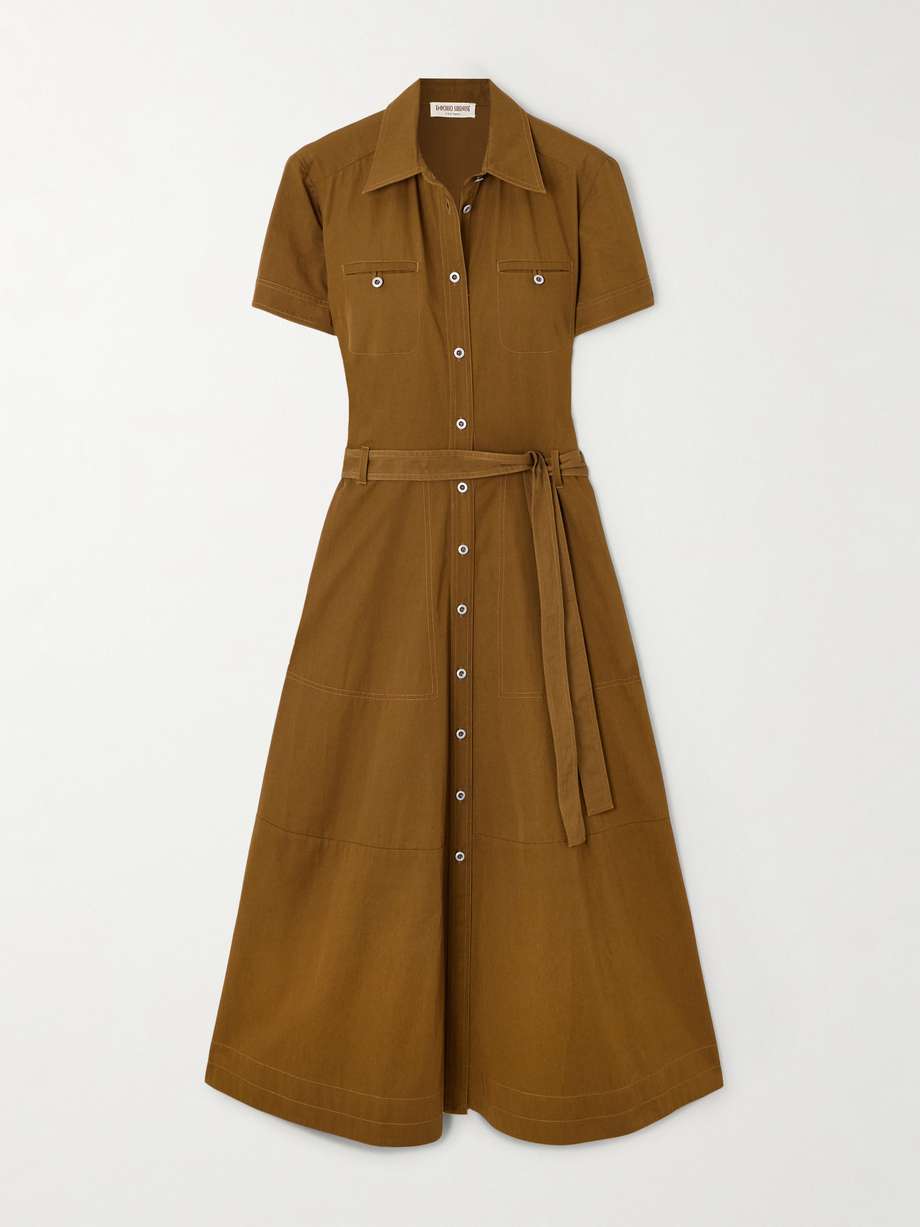 giselle belted cotton-drill midi shirt dress
